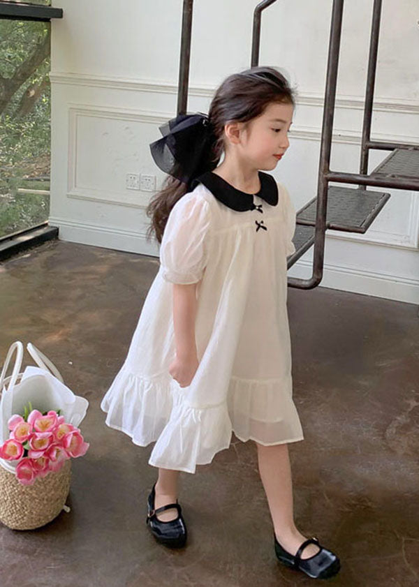 White Peter Pan Collar Wrinkled Patchwork Cotton Kids Dress Summer