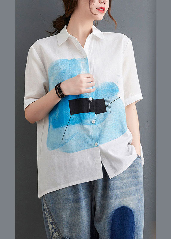 White Peterpan Collar Button Print Fall Half Sleeve Shirt Top