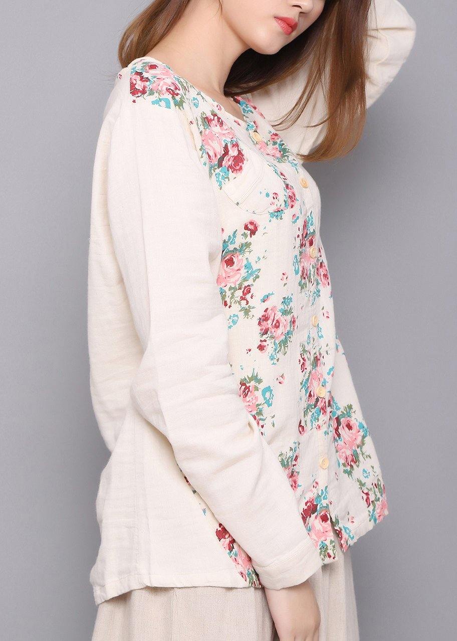 Beautiful White Print Linen Spring Top