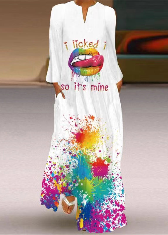 White Print Pockets Maxi Dresses Long Sleeve
