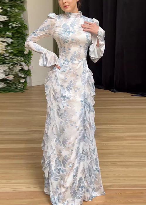 White Print Ruffles Chiffon Long Dresses Spring