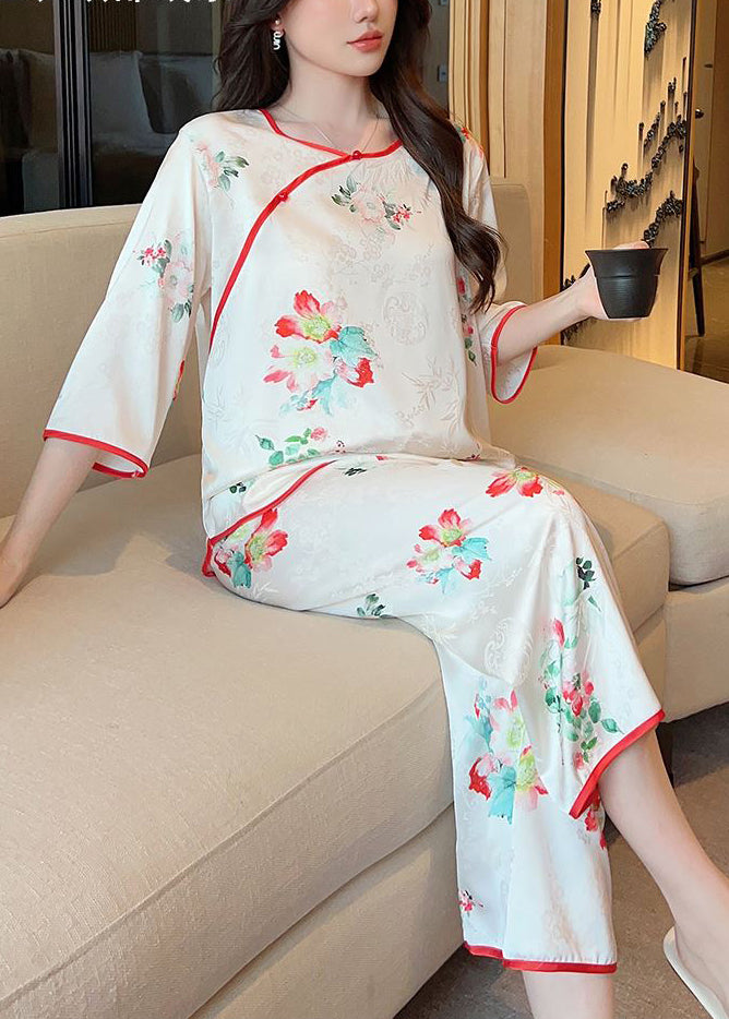 White Print Tops and Crop Pants Ice Silk Pajamas Two-piece Set Summer