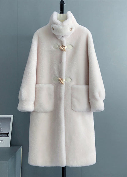 White Stand Collar Button Pockets Wool Outwear Winter