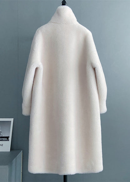 White Stand Collar Button Pockets Wool Outwear Winter