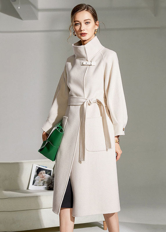 White Stand Collar Pockets Slim Fit Woolen Warp Coat Winter