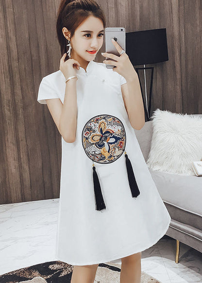 White Stand Collar Print Tassel Button Cotton Mid Dresses Short Sleeve