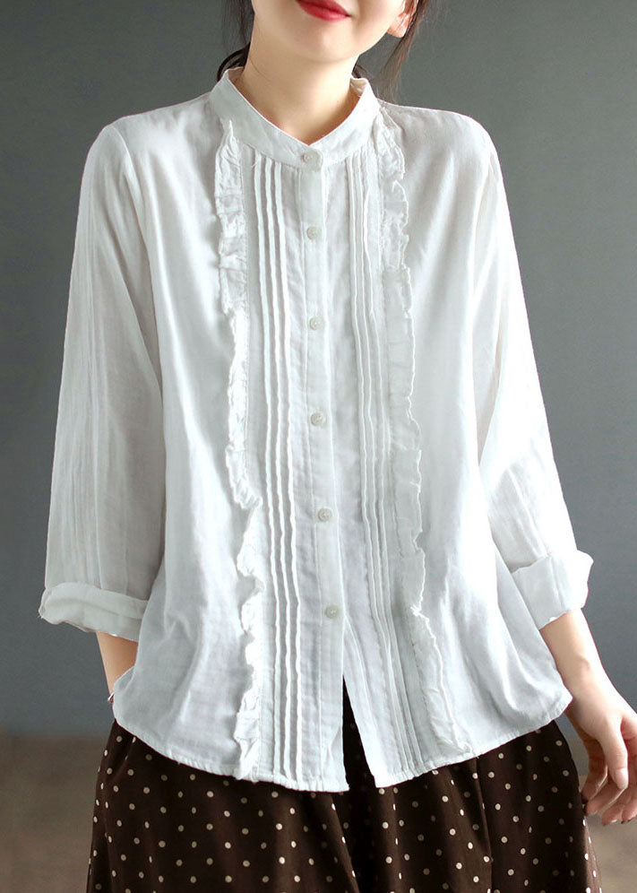 White Stand Collar Ruffled Patchwork Cotton Blouse Tops Spring