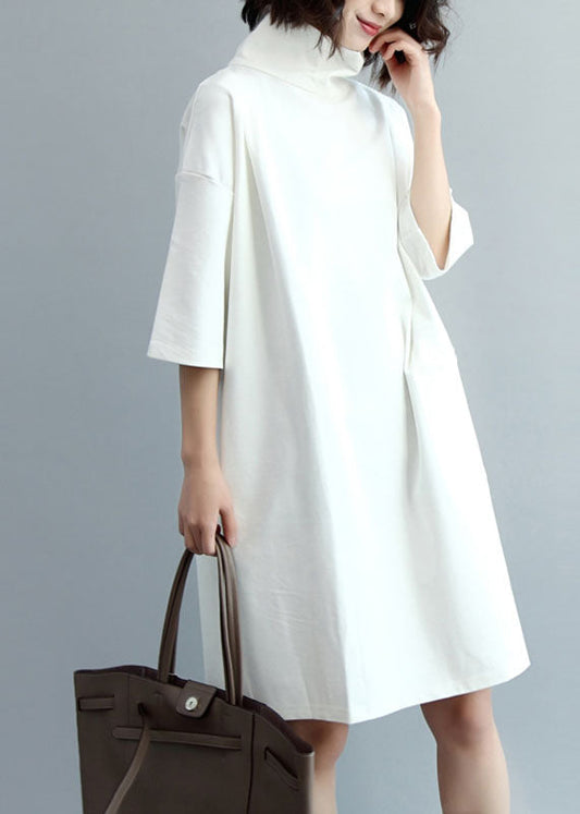 White Turtle Neck Cotton Maxi Dresses Half Sleeve
