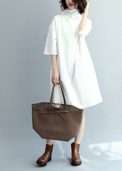 White Turtle Neck Cotton Maxi Dresses Half Sleeve