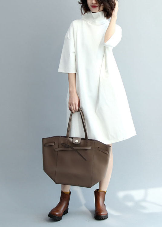 White Turtle Neck Cotton Maxi Dresses Half Sleeve