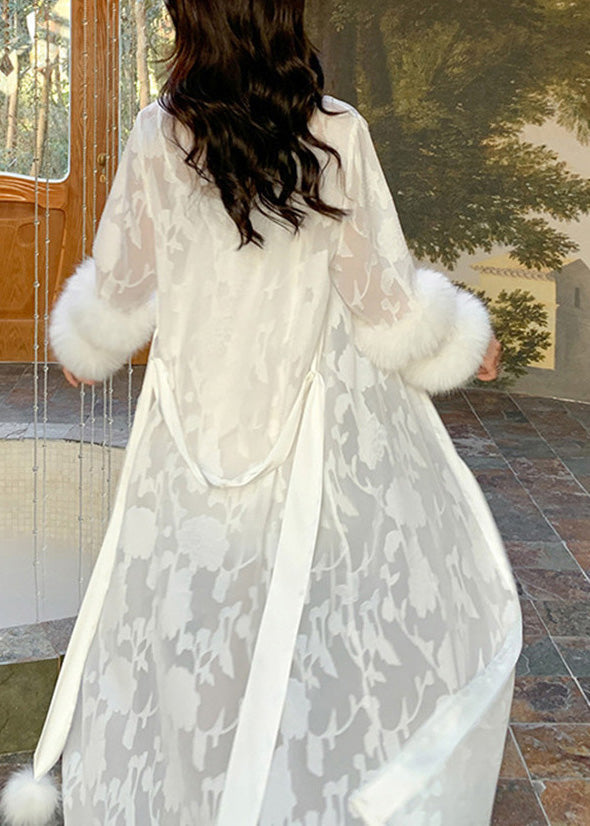 White V Neck Embroideried Ice Silk Long Robe Spring