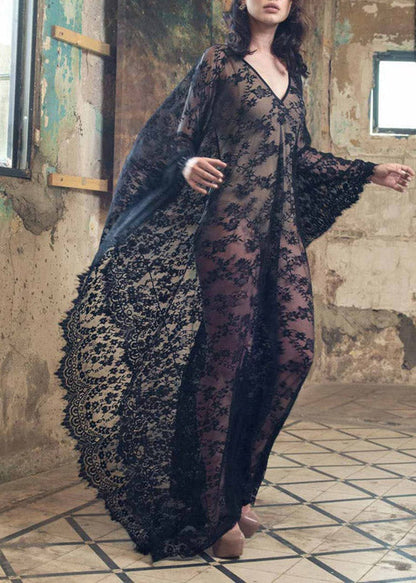 White V Neck Lace Long Holiday Dress Batwing Sleeve