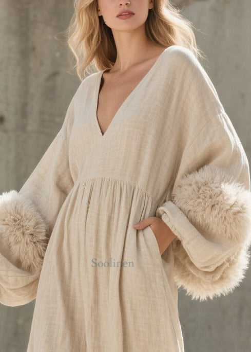 White V Neck Patchwork Faux Fur Ankle Dress Lantern Sleeve