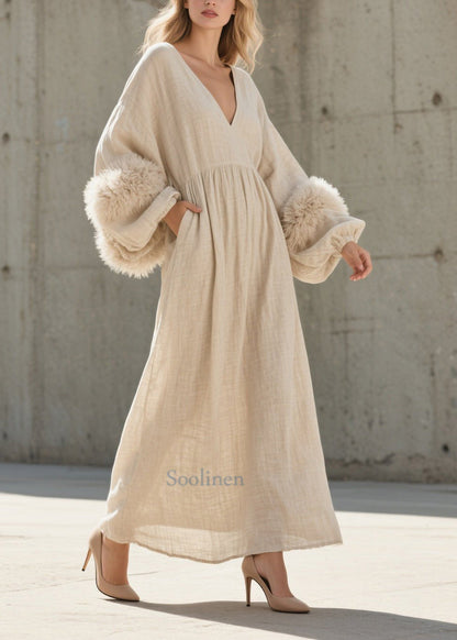 White V Neck Patchwork Faux Fur Ankle Dress Lantern Sleeve