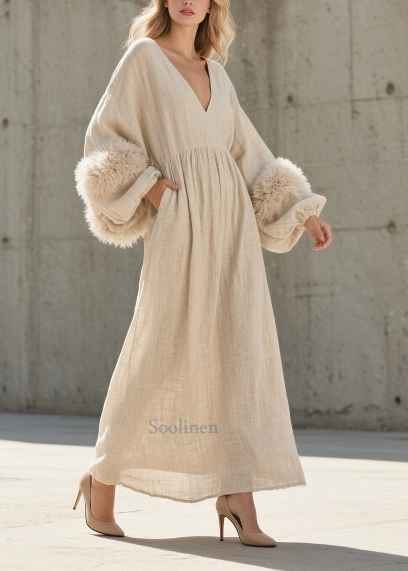White V Neck Patchwork Faux Fur Ankle Dress Lantern Sleeve