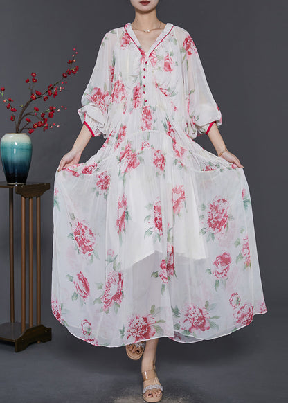 White V Neck Print Chiffon Beach Dress Spring