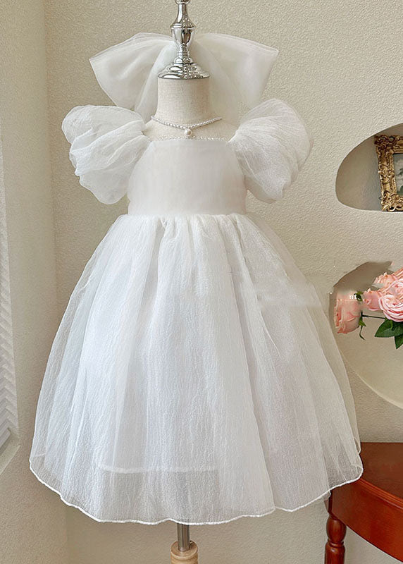 White Wrinkled Patchwork Tulle Kids Princess Dresses Summer