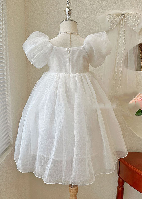White Wrinkled Patchwork Tulle Kids Princess Dresses Summer