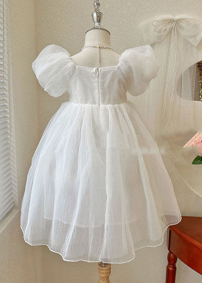 White Wrinkled Patchwork Tulle Kids Princess Dresses Summer
