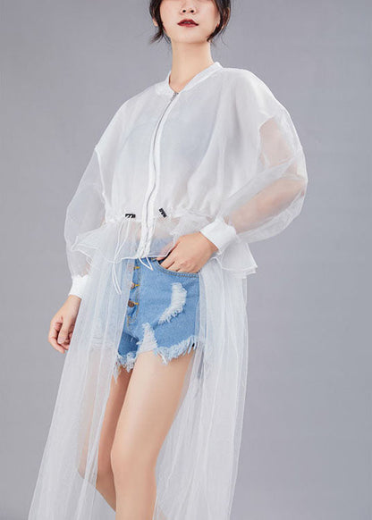 White Zippered Patchwork Asymmetrical Design Fall Dresses Long Sleeve