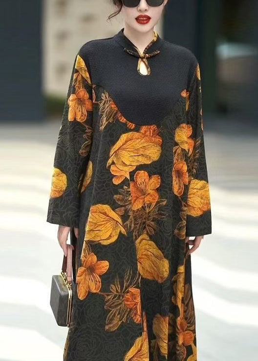 Yellow Button Print Silk Long Dresses Spring