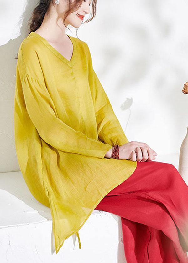 Beautiful Yellow Casual V Neck Asymmetrical Design Summer Ramie Shirt Long sleeve