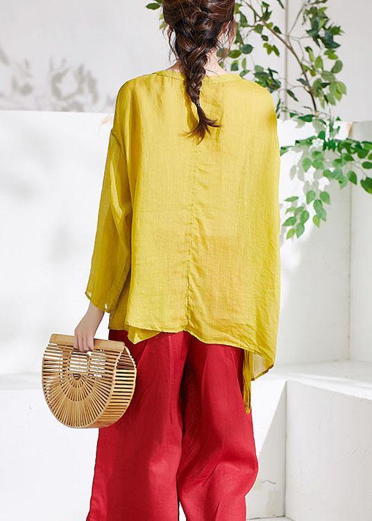 Beautiful Yellow Casual V Neck Asymmetrical Design Summer Ramie Shirt Long sleeve