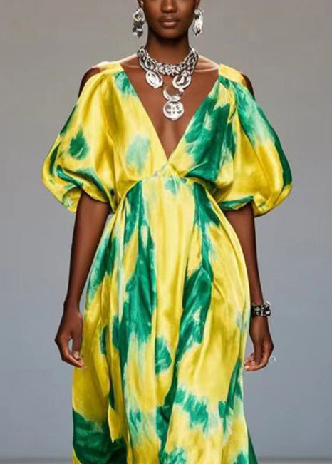 Yellow Cold Shoulder Print Silk Maxi Dresses Lantern Sleeve