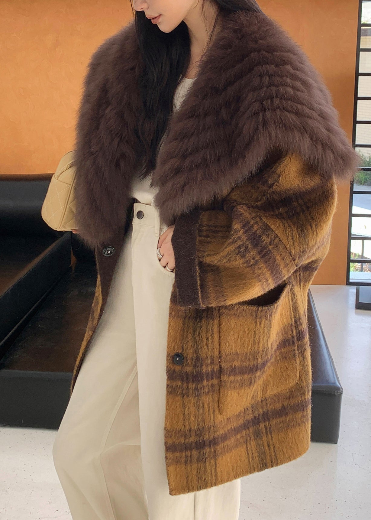 Yellow Fur Collar Plaid Pockets Wear on Both Sides Woolen Coats Spring