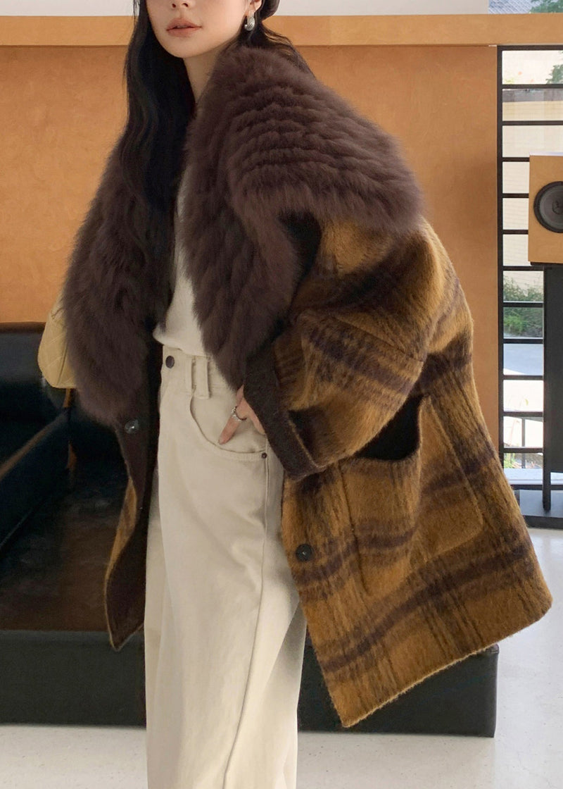 Yellow Fur Collar Plaid Pockets Wear on Both Sides Woolen Coats Spring