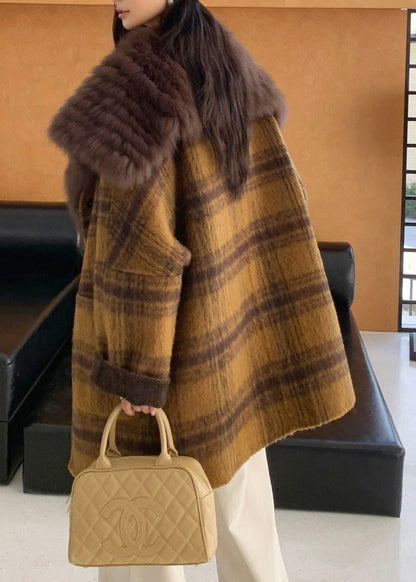 Yellow Fur Collar Plaid Pockets Wear on Both Sides Woolen Coats Spring