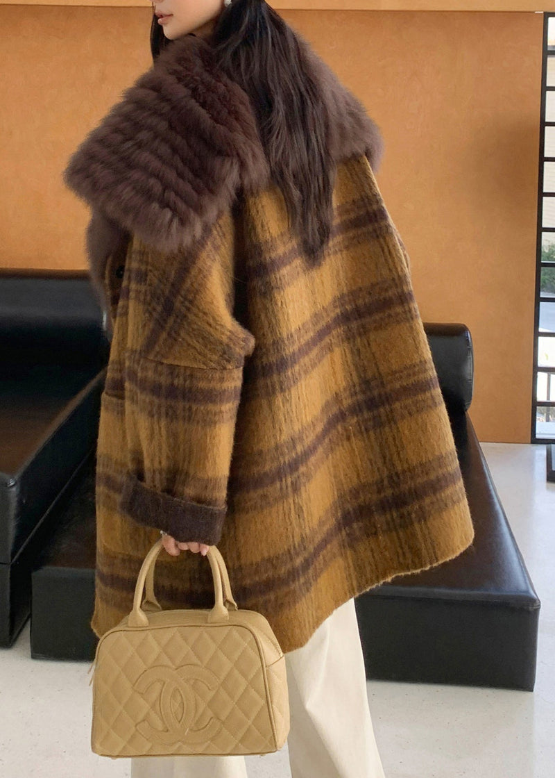 Yellow Fur Collar Plaid Pockets Wear on Both Sides Woolen Coats Spring