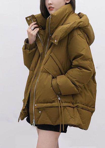 Yellow Green Hooded Stand Collar Thick Duck Down Puffer Jacket Winter