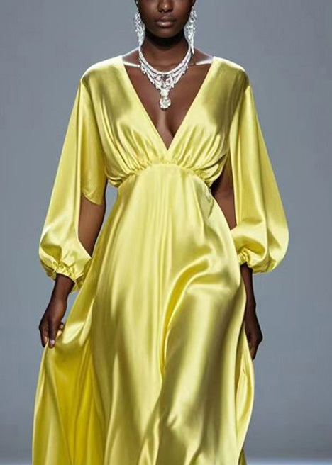 Yellow Hollow Out Draping Silk Party Dresses Spring