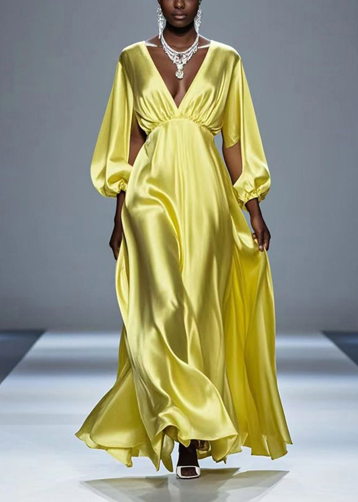 Yellow Hollow Out Draping Silk Party Dresses Spring