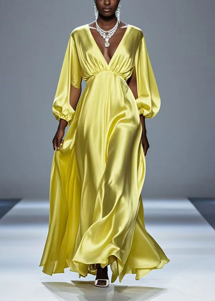 Yellow Hollow Out Draping Silk Party Dresses Spring