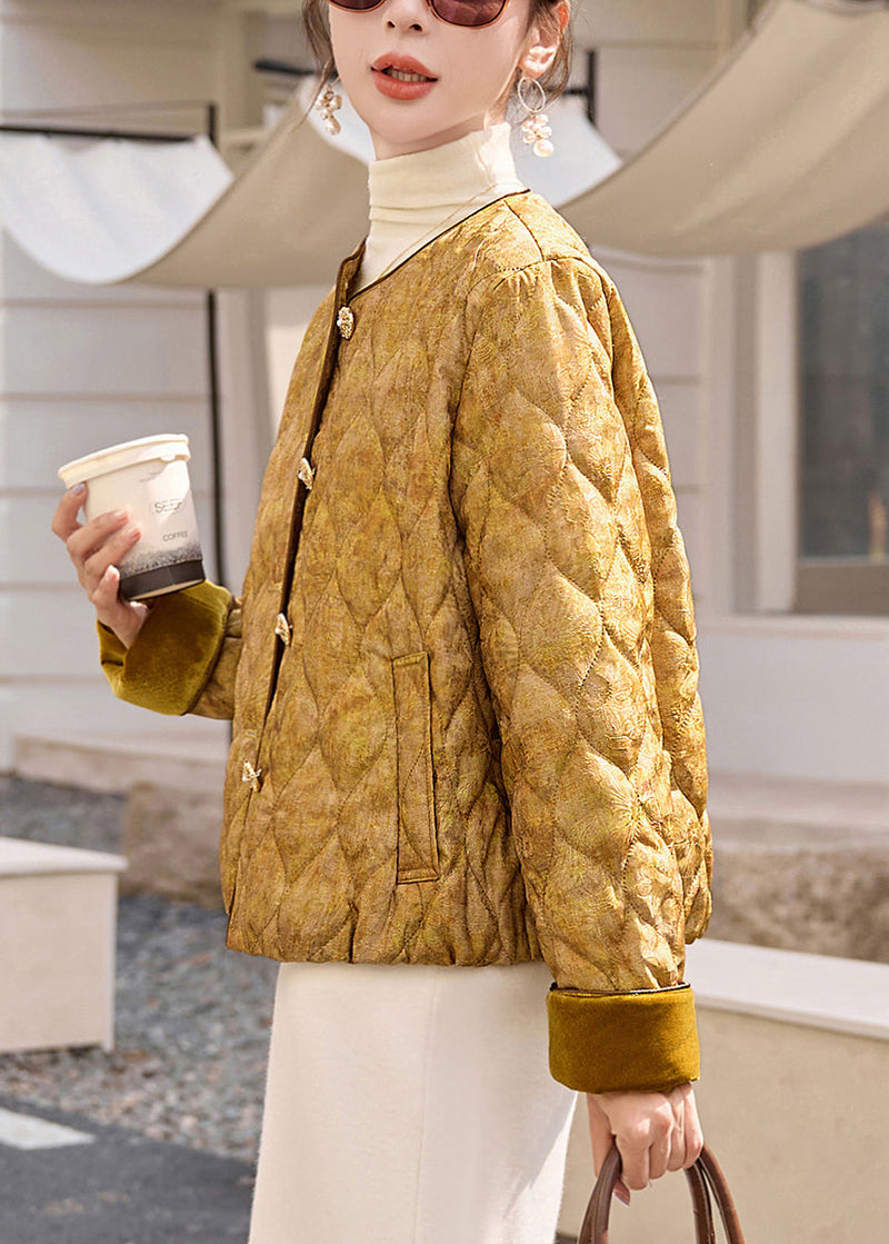 Yellow O Neck Pockets Jacquard Fine Cotton Filled Jacket Winter