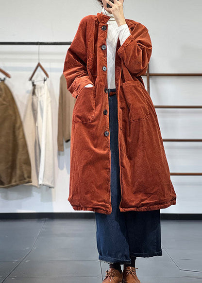 Yellow Oversized Pockets Cotton Filled Corduroy Trench Winter