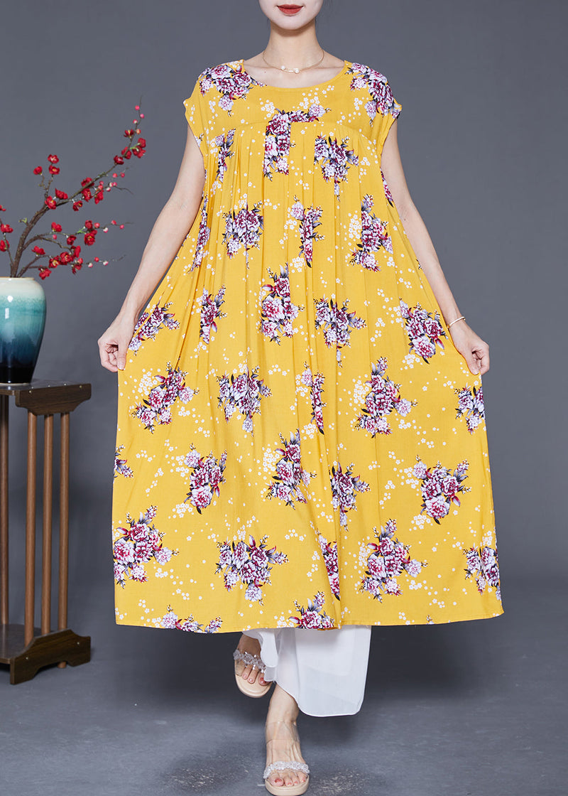 Yellow Oversized Print Cotton Party Dress Summer