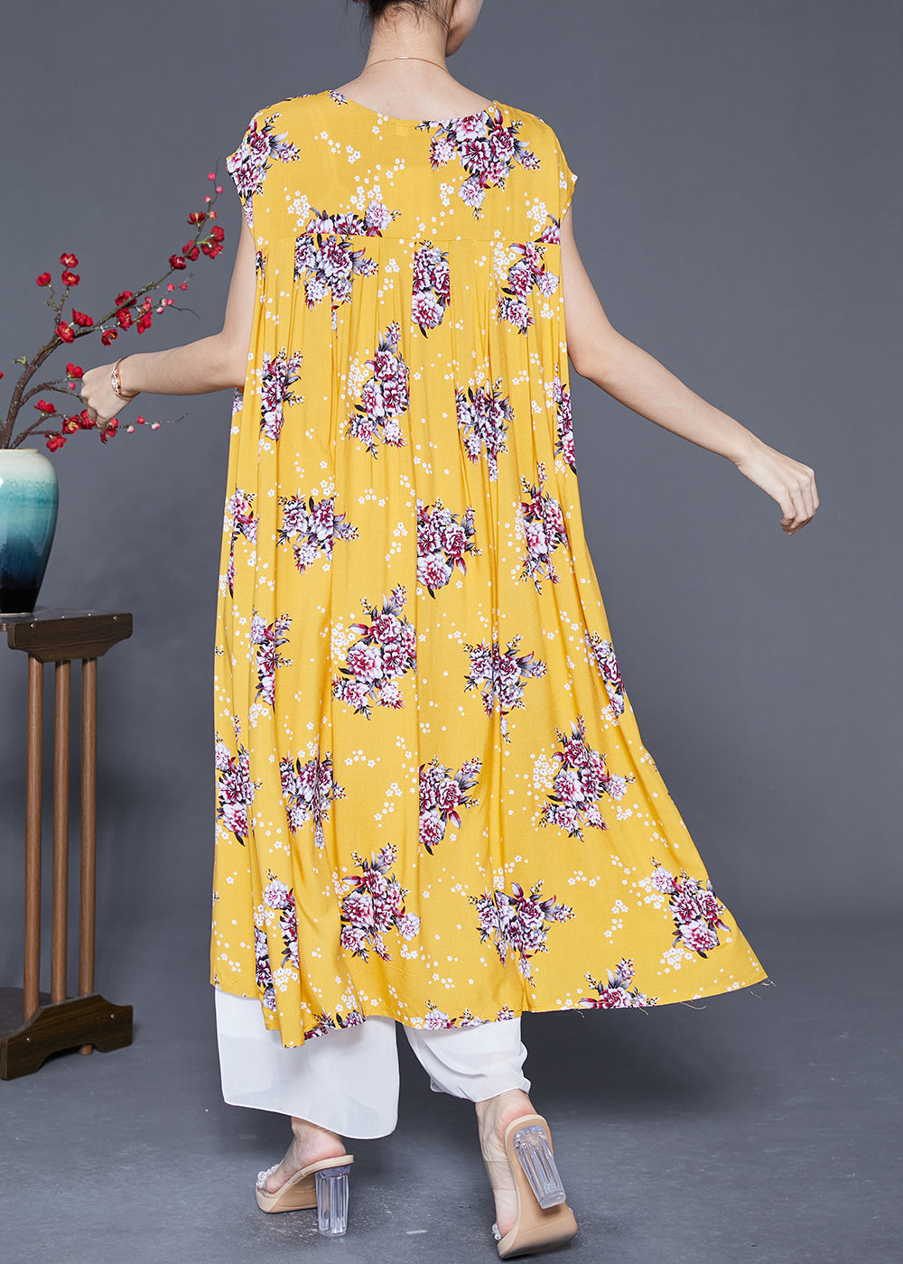 Yellow Oversized Print Cotton Party Dress Summer