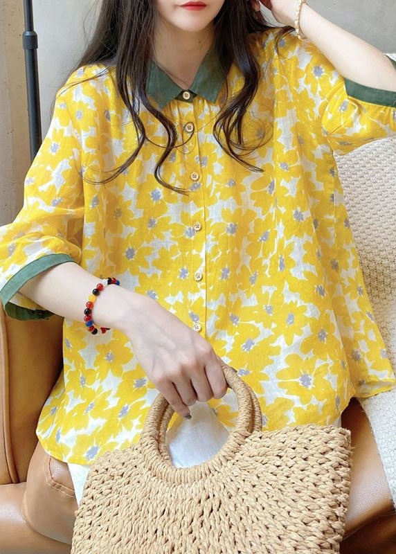 Yellow Peter Pan Collar Print Linen Shirt Tops Bracelet Sleeve