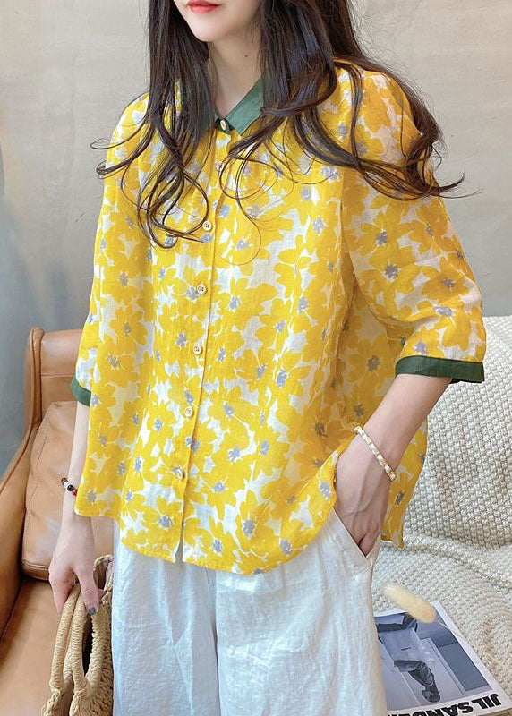 Yellow Peter Pan Collar Print Linen Shirt Tops Bracelet Sleeve