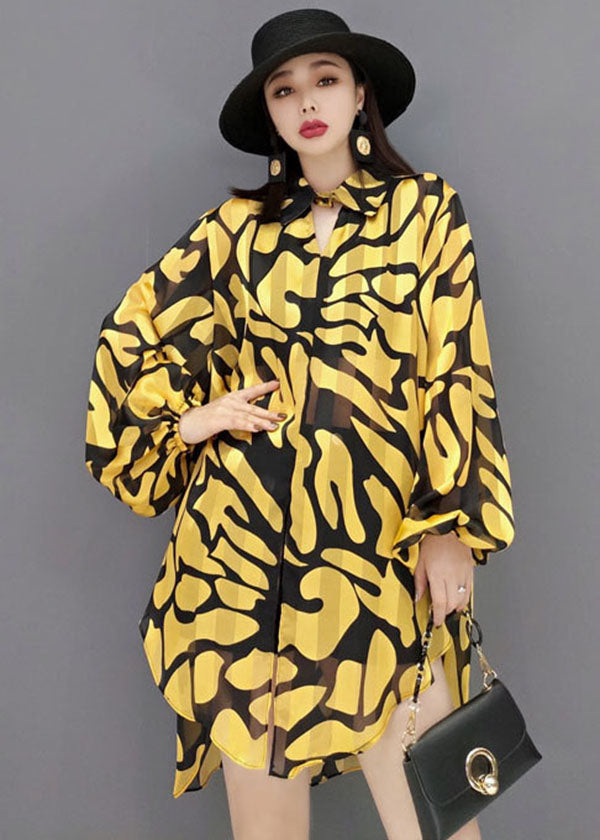 Yellow Peter Pan Collar Print Side Open Chiffon Long Shirt Lantern Sleeve