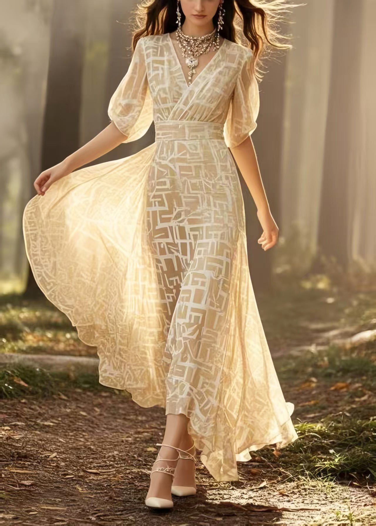 Yellow Print Exra Large Hem Chiffon Maxi Dresses Summer