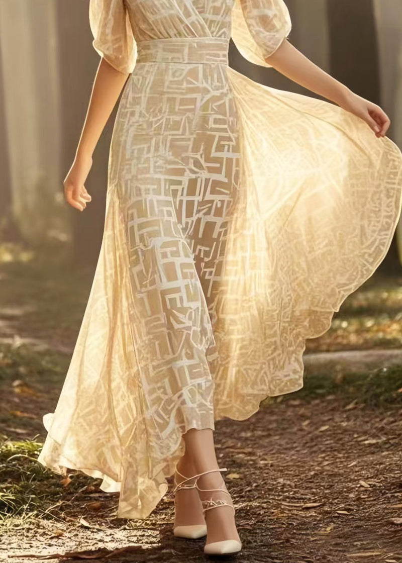 Yellow Print Exra Large Hem Chiffon Maxi Dresses Summer