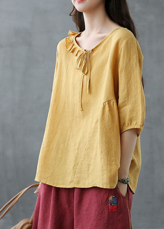Yellow Ruffled Patchwork Linen Shirt Half Sleeve