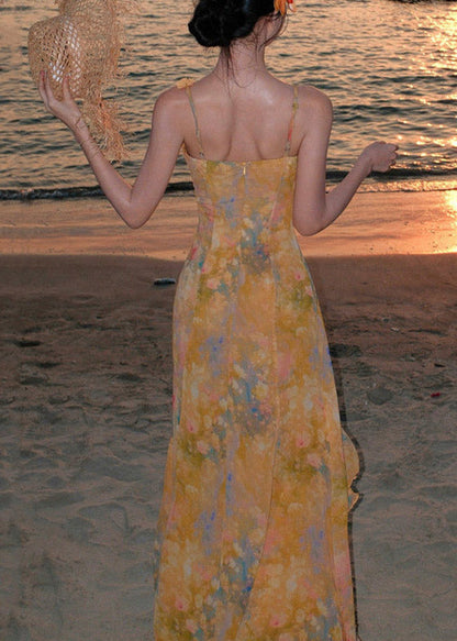 Yellow Ruffled Print Chiffon Long Spaghetti Strap Dress Summer