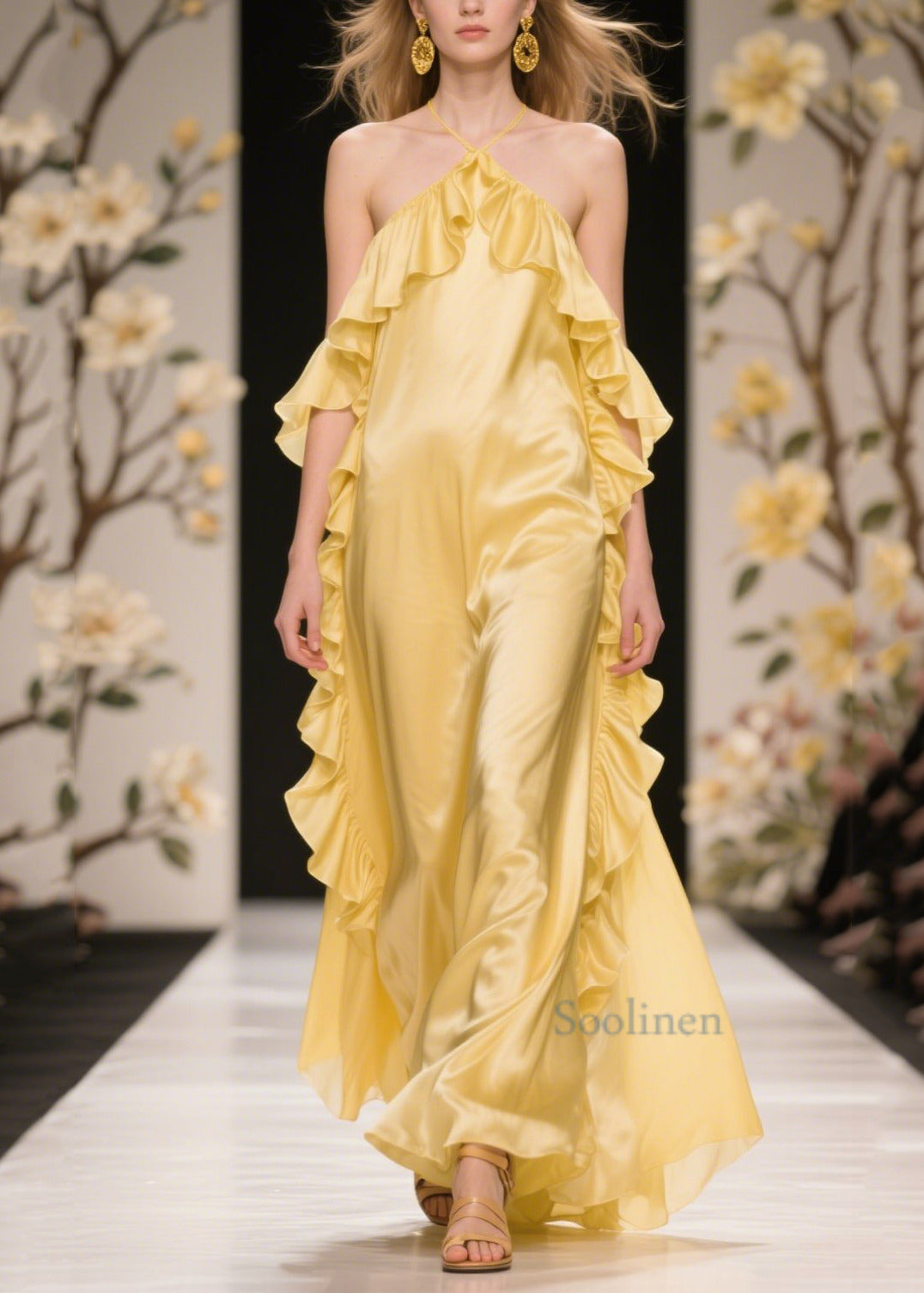 Yellow Ruffles Cold Shoulder Silk Halter Dress Summer