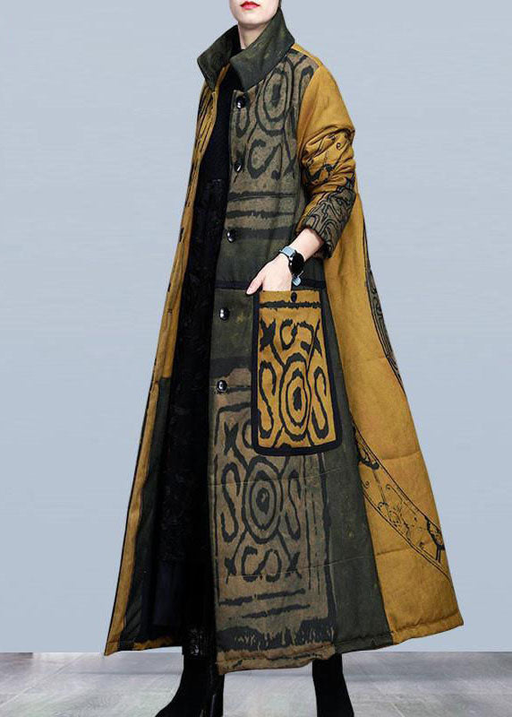 Yellow Stand Collar Button Winter Cotton Parka Long Sleeve