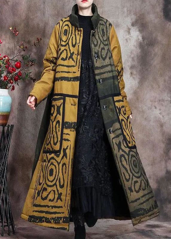 Yellow Stand Collar Button Winter Cotton Parka Long Sleeve